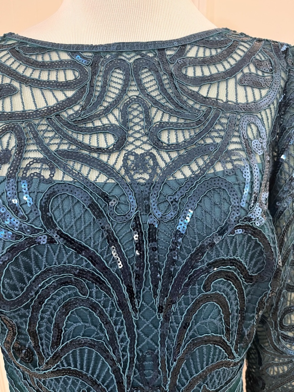 Tadashi Shoji Teal Long Sleeve Sequin Lace Gown - Picture 2 of 7